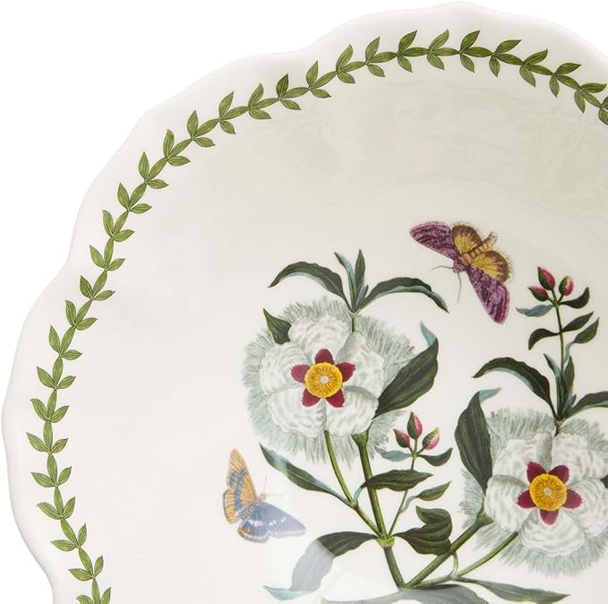 Portmeirion Botanic Garden Lotus Salad Bowl - Flower Shape, Scalloped Rim, Floral Spanish Gum Design with Butterflies - 10.5" Porcelain Dish, Laurel Leaf Border - Oven, Microwave, Dishwasher Safe