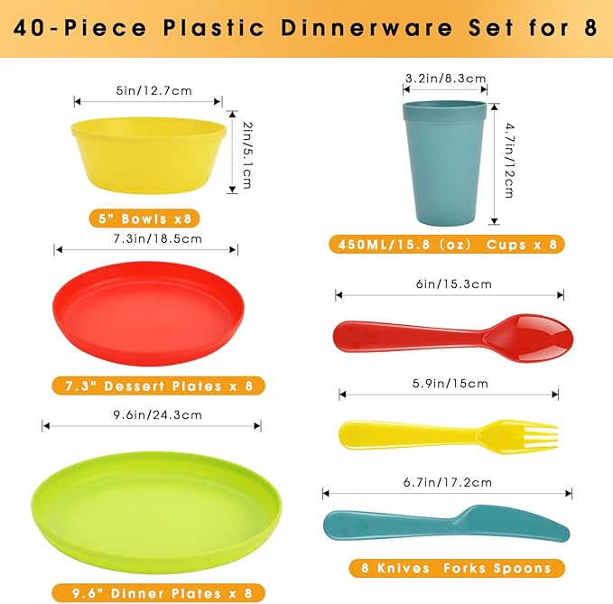 Tropical Plastic Dinnerware Set – 40-Piece Colorful Unbreakable Plates & Bowls for 8 with Cups, Forks, Knives, Spoons – Reusable Kids Dishes for Party, Camping, Picnic, Daily Use