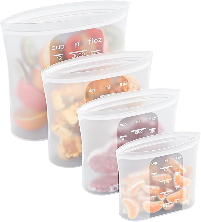 Bangp Premium Silicone Reusable Food Storage Bags,4 Pack(100oz, 50oz, 30oz,15oz),New Generation Stand Up Zip Freezer Bags,Sandwich Snack Bags,Multi-Use Food Storage Containers,Leak-free,Microwave Safe