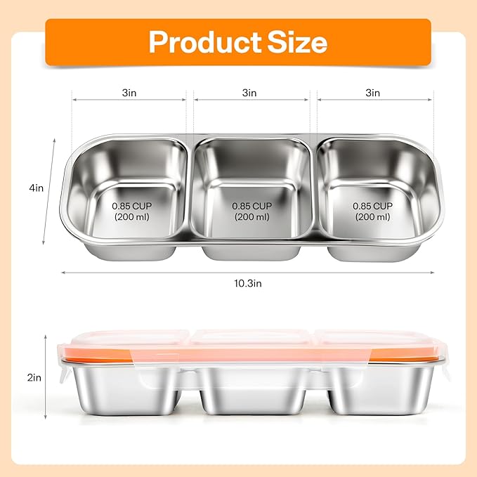 Stainless Steel Snack Containers, Reusable Snack Containers with Lids Stainless Steel Lunch Box with 3 Compartment Divided Food Storage for Home Work Travel Outdoor Camping (Orange 1 Pack)