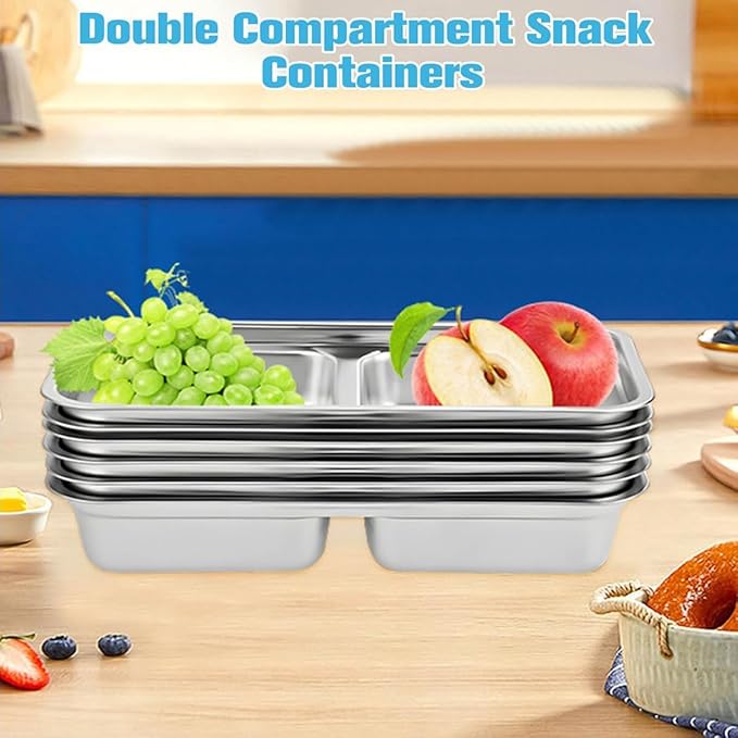 2PCS Snack Containers with Lids, Stainless Steel Snack Container, Double Compartment Grab and Go Snack Containers for Travel and Outdoor