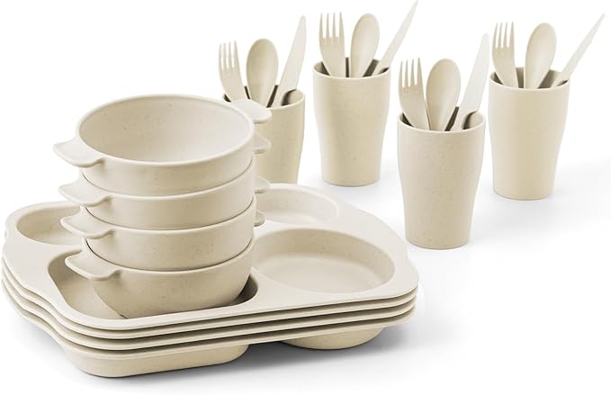 24 Pcs Wheat Straw Dinnerware Cutlery Set, Unbreakable Tableware Set, wheat straw dinnerware sets, Bowls, Cup, Cutlery Spoons Knifes Forks, BPA Free, Microwave Dishwasher Safe (Beige)