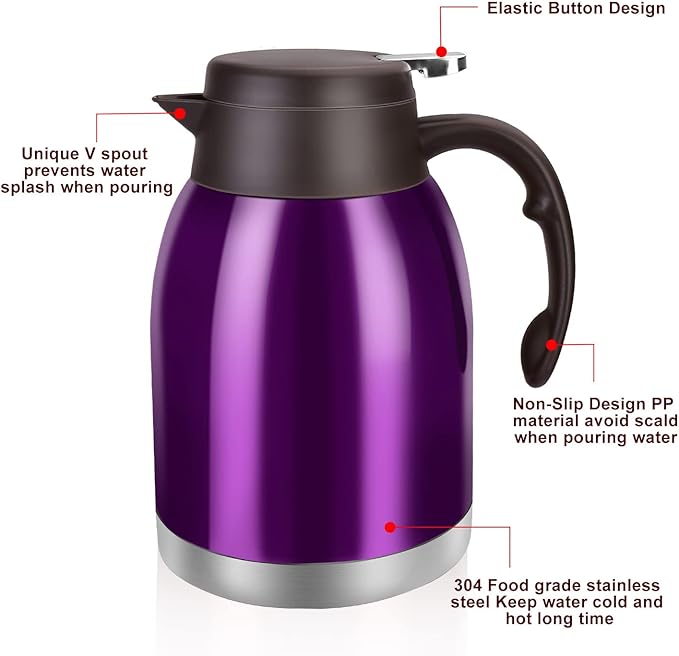 54oz Stainless Steel Thermal Coffee Carafe Dispenser, Unbreakable Double Wall Vacuum Flask 1.6L Water Tea Pot Beverage Pitcher for Hot Coffee for Christmas Carafe (Purple)