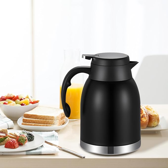 54oz 2PCS Stainless Steel Thermal Coffee Carafe Dispenser with Brush,Double Wall Vacuum Flask 1.6L Water Tea Pot Beverage Pitcher for Cold Drinks in Summer (Matte Black,2Pack)