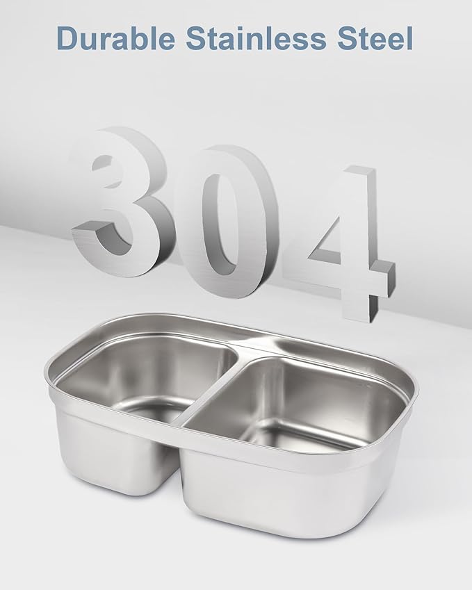 1.5L Lunch Box Inner Container with Lid, Dual Compartment Stainless Steel Food Container, Removable Replacement Tray, Dishwasher Safe