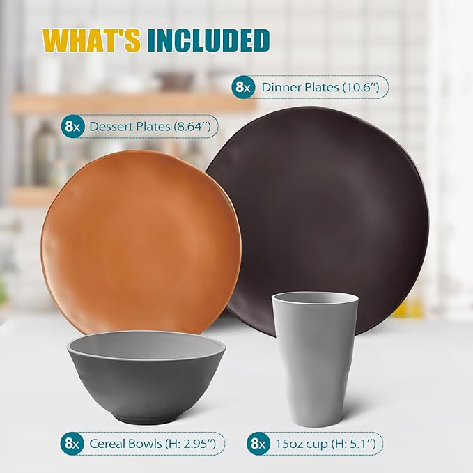 Teivio 32-Piece Kitchen Plastic Wheat Straw Dinnerware Set, Service for 8, Dinner Plates, Dessert Plate, Cereal Bowls, Cups, Unbreakable Plastic Outdoor Camping Dishes, Smoky Brown