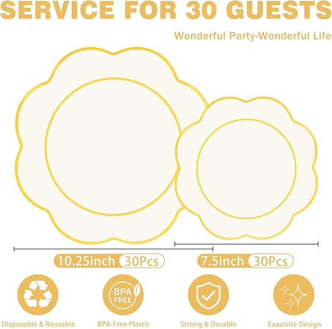 WONDERFUL 60pcs Ivory Plastic Plates - Elegant Plates Disposable Heavy Duty Ivory Disposable Plate Includes 30 10.25in Dinner & 30 7.5in Dessert Plate for Party/Thanksgiving/Christmas/Thanksgiving