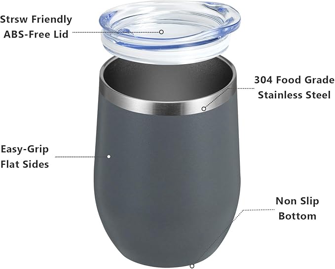 MEWAY Stemless 12oz Wine Tumbler Glasses with Lid -Insulated Double Wall Vacuum Stainless Steel Travel Tumbler with Straw,for Woman Under 10 dollars (Gray,Set of 1)