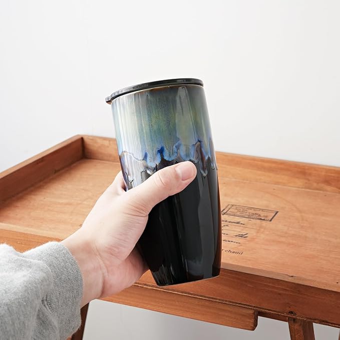 Bosmarlin Ceramic Travel Coffee Mug with Lid, 21 oz, Portable Coffee Cup for Car Cup Holder, Microwave and Dishwasher Safe, Reactive Glaze