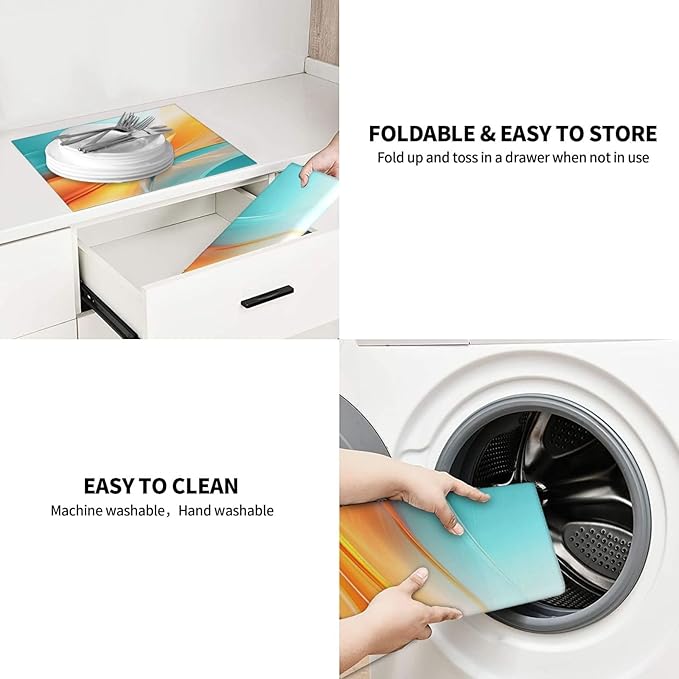 Teal Orange Geometric Wave Dish Drying Mat for Kitchen Counter, Absorbent Microfiber Drying Pad for Kitchen Dishes, 16" x 18" Polyester, Washable, Reusable, Foldable, for Dining Area, Small Appliances