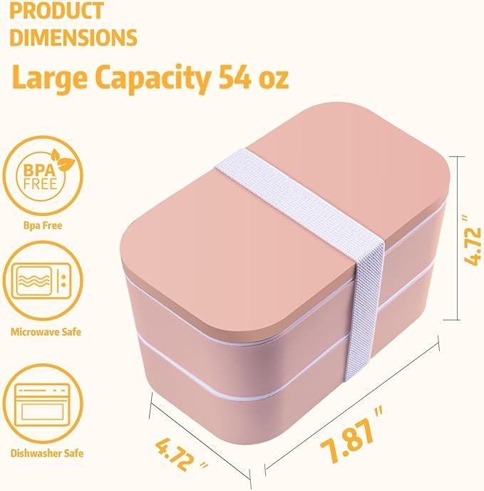 Bento Box with Lunch Bag Microwavable All-in-One Meal Prep Compartment Lunch Containers with Utensils Leak Resistant Lunch Box with Sauce Container 60oz Pink