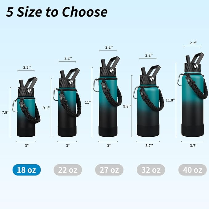BJPKPK Water Bottle with Straw Lid, 18oz Insulated Water Bottles with 3 Lids, Paracord Handle & Non-slip Boot, Metal Stainless Steel Thermo, BPA Free Leak Proof Cups, Tumblers,Army Green & Black