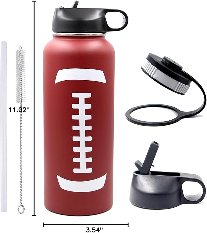 40 oz Football Water Bottle, Metal Thermo Travel Tumbler Sports Flask with 2 Lids, Stainless Steel Double Wall Vacuum Leak Proof Insulated Water Jug, Football Accessories Gifts for Mom Men Boys Girls