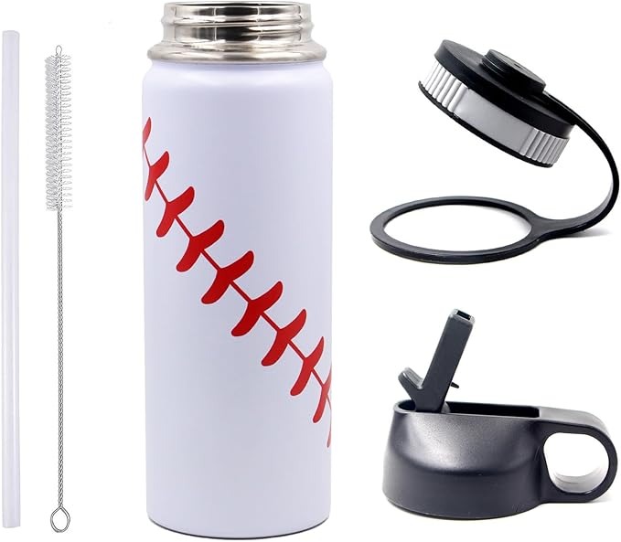 18 oz Baseball Water Bottle, Sports Flask Metal Thermo Travel Tumbler with 2 Lids, Stainless Steel Double Wall Vacuum Insulated Leakproof Water Bottles, Baseball Accessories Stuff Gifts for Boys Girls
