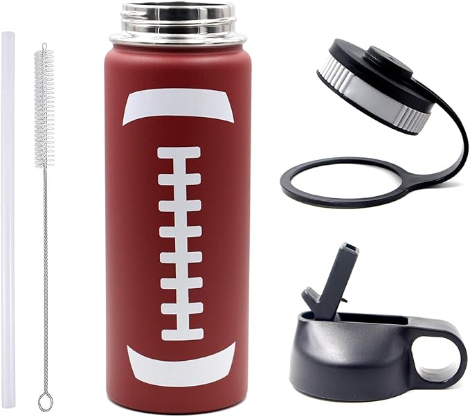 18 oz Football Water Bottle, Metal Thermo Travel Mug Sports Flask with 2 Lids, Stainless Steel Double Wall Vacuum Insulated Leak Proof Water Bottles, Football Accessories Gifts for Mom Men Boys Girls