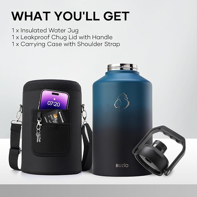 BUZIO 1.5 Gallon Water Bottle Insulated, (Cold for 48 Hrs) 196oz Large Water Jug Stainless Steel, 3.58in Big Wide Mouth Leak Proof Metal Flask with Carrying Sleeve for Camping,Gym,Travel,Indigo Crush