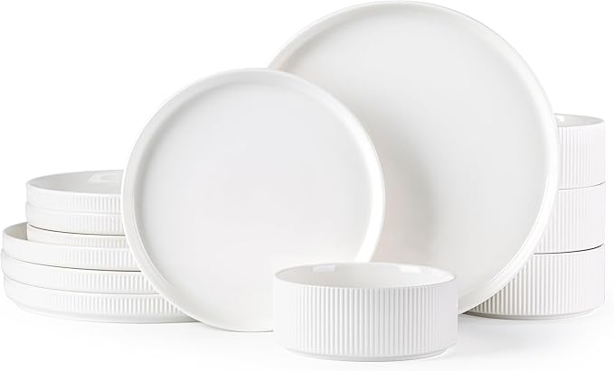 TheTerra Ceramic Dinnerware Sets for 4, 12 Pieces Porcelain Lightweight Plates and Bowls Sets, Scratch Resistant Dish Set, Oven & Microwave & Dishwasher Safe, Bright White