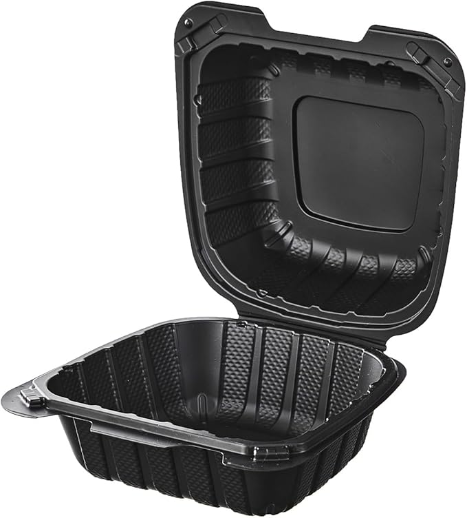 CIAO! 6"x6"x3" MFPP Black Hinged Container With Lid 1 Compartment (Case of 300)