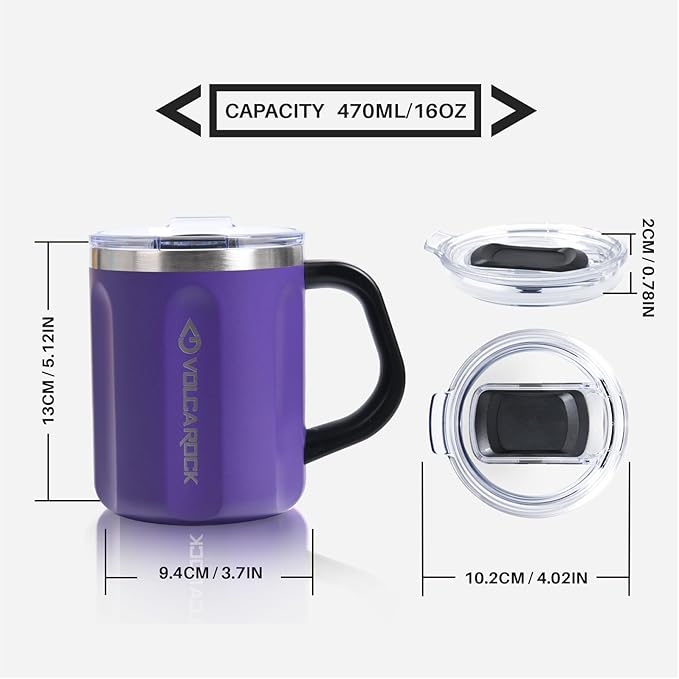 16oz Stainless Steel Togo Coffee Travel Mug, Spill Proof Tea Mug with Handle and Lid, Lightweight and Durable, Great for Office Home and Outdoor Use (Purple)