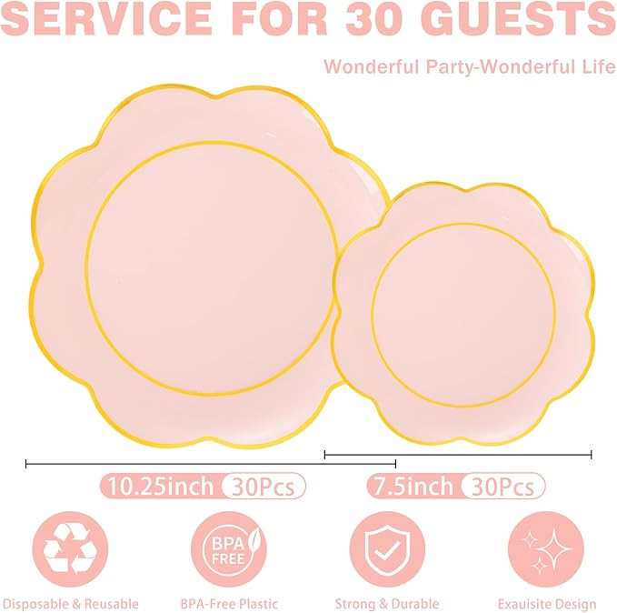 WONDERFUL 60pcs High-End Pink Plastic Plates - Disposable Heavy Duty Pink Plates with Gold Rim Plastic Disposable Plate for Party Wedding/Birthday/Bridal Shower/Upscale Banquet Suitable for 30 Guests