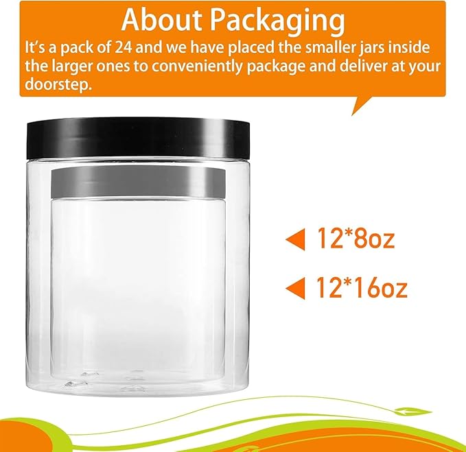 Vivimee 24 Pack Plastic Jars with Lids 16 oz (12 Pack) & 8 oz (12 Pack), Clear Plastic Mason Jars, Leakproof Slime Containers for Peanut, Spice, Cookie, Candy and Dry Food, Empty Jars for Storage