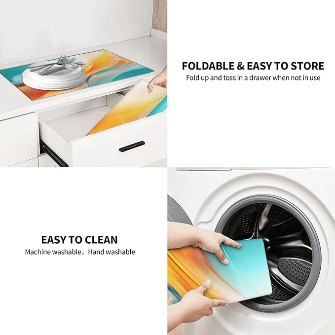 Teal and Burnt Orange Abstract Art Swirl Microfiber Dish Drying Mat, 18 x 24 inch Absorbent Decorative Kitchen Counter Mats, Polyester, Washable, Reusable, Foldable, for Dining Area, Small Appliances