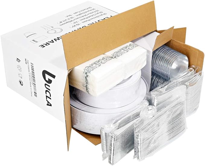 bUCLA 350PCS Silver Plastic Dinnerware Set for 50 Guests - Silver Plates Disposable Include 50 Dinner & 50 Dessert Plates,50 Forks,50 Knives,50 Spoons,50 Cups,50 Napkins for Party & Christmas