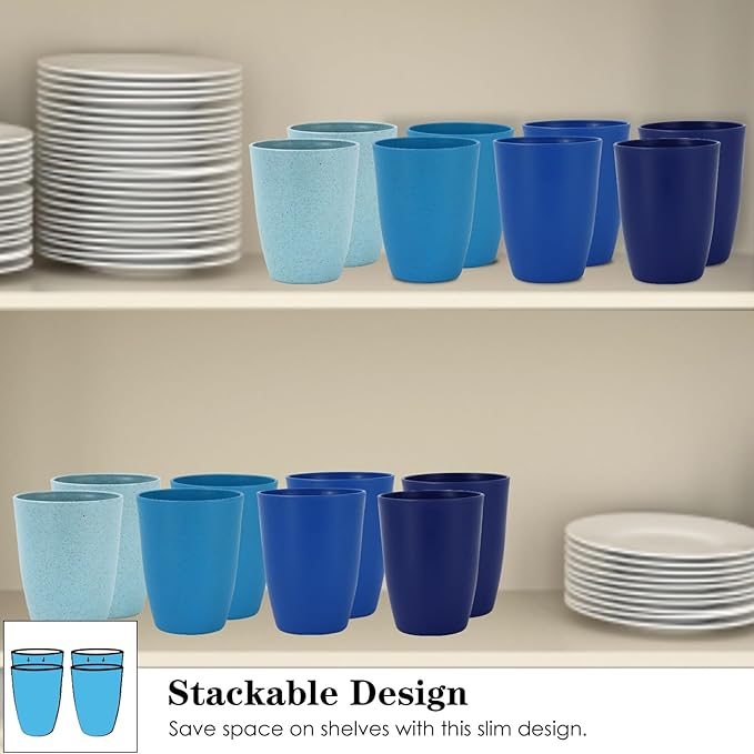 Wheat Straw Cups 8 PCS Good Alternative to Plastic Reusable Cups 12 oz Unbreakable Drinking Cup Reusable Dishwasher Safe Water Plastic Glasses - Ocean Series