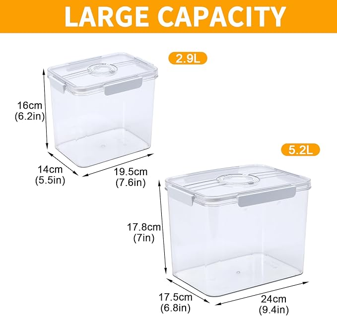 2 Pack Flour Sugar Storage Container,Plastic Food Storage Containers with Airtight Lids,Canisters Sets for The Kitchen,Sugar,Flour,Cereal,Baking Supplies,Rice,Pantry Organization Bin(5.2&2.9L)