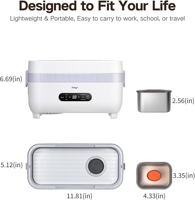 110V Plug-in Multi-Function Electric Cooling Lunch Box with 5.5-Cup Automatic Heating Portable Food Warmer with Removable Tray Divider for Office Work Travel (White)