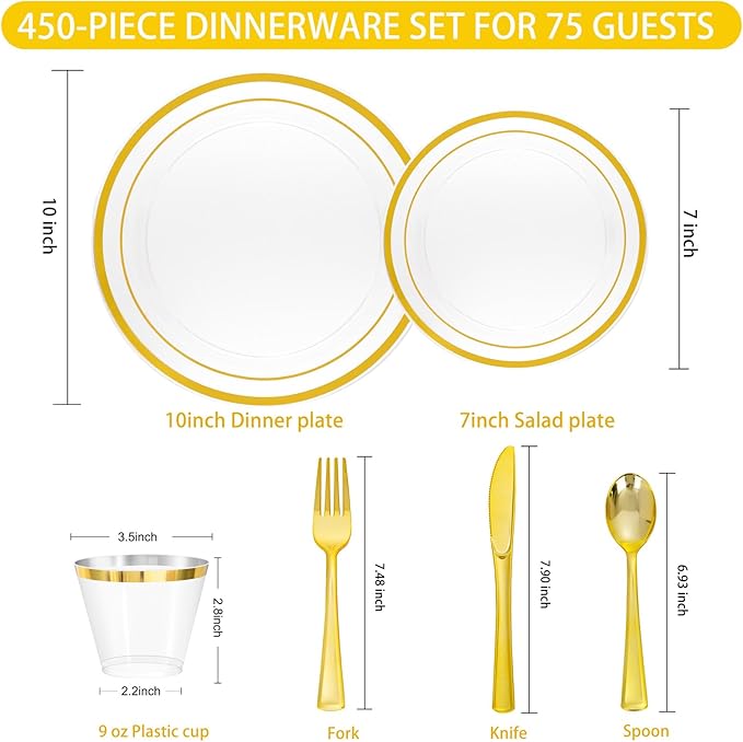 WELLIFE 450 PCS Gold Glitter Disposable Dinnerware Set for 75 Guests, Plastic Plates for Party, Including 75 Dinner & Salad Plates, Cups, Forks Knives Spoons for Wedding and Party Supplies