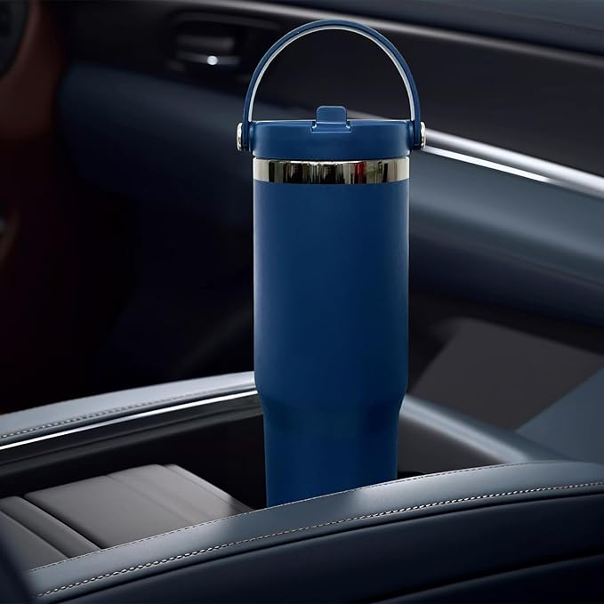 30 oz Tumbler with Handle, Double Wall Vacuum Insulated Tumblers with Flip Straw, Coffee Mug 30oz Powder Coated Cup for Hot and Cold Drinks(Black Plated, Navy,1 pack)