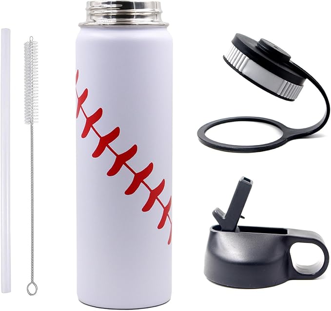 22 oz Baseball Water Bottle, Sports Flask Metal Thermo Travel Mug with 2 Lids, Stainless Steel Double Wall Vacuum Insulated Leak Proof Water Bottles, Baseball Accessories Gifts for Mom Men Boys Girls