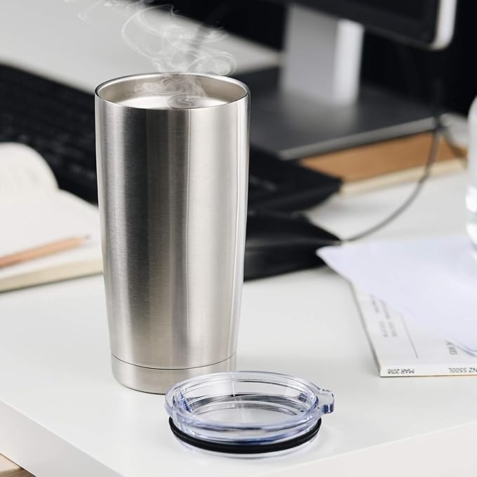 COMOOO 20oz Stainless Steel Tumbler Double Wall Vacuum Coffee Cup Insulated Travel Mug with Lid and Straw Durable Powder Coated Insulated Coffee Cup for Cold & Hot Drinks (Silver, 12 pack