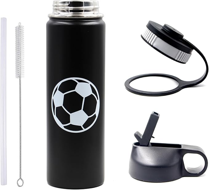 22 oz Soccer Water Bottle, Metal Sports Flask Travel Tumbler with 2 Lids, BPA Free 18/8 Stainless Steel Leak Proof Double Wall Vacuum Insulated Water Bottles, Soccer Stuff Gifts for Boys Girls Players