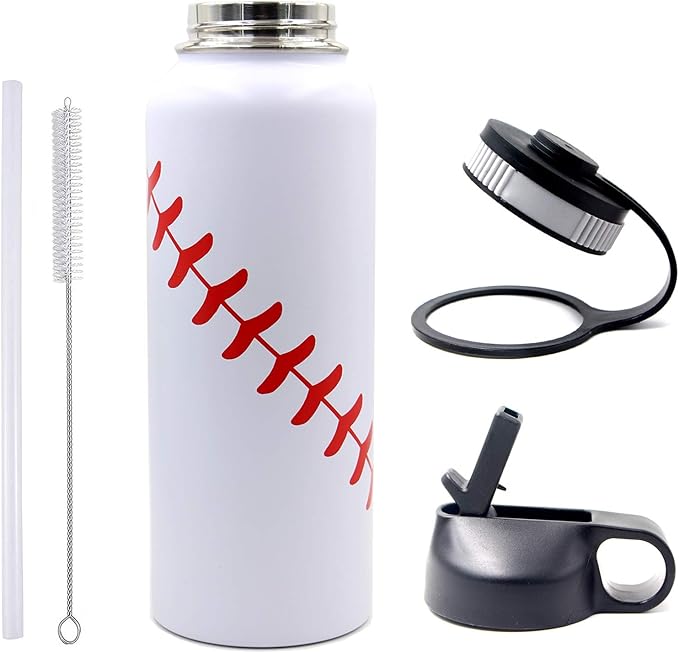40 oz Baseball Water Bottle, Sports Flask Metal Thermo Travel Tumbler with 2 Lids, Stainless Steel Double Wall Vacuum Insulated Leak Proof Water Jug, Baseball Accessories Gifts for Mom Men Boys Girls