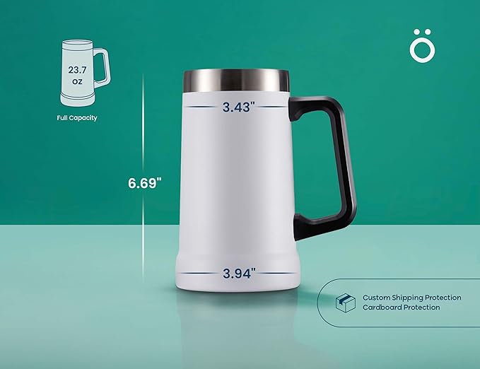 KooK Beer Stein, Stainless Steel Coffee Mug, Tumbler with Thermal Vacuum Insulation, Big Grip, Adventure, Double Walled Drinking Cup, Large Handle, Shatterproof, White, 24 oz