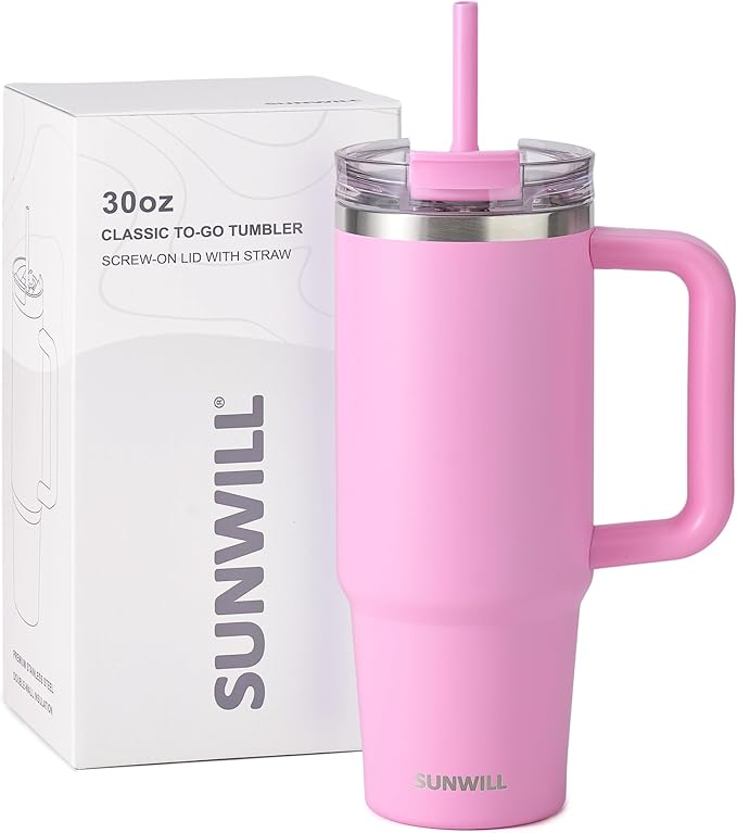 SUNWILL Coffee Tumbler with Handle, 30 oz Travel Mug with Lid and Straw Insulated, Stainless Steel Cup Leak Proof for Travel & Outdoor, Cupholder Friendly, Powder Coated Pink