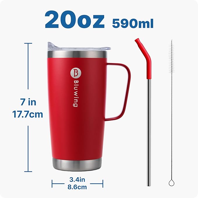 20 oz Insulated Tumbler with Handle Stainless Steel Travel Coffee Mug with Lid and Straw, Double Wall Tumbler Cups for Women and Men, BPA Free (Canyon Red)