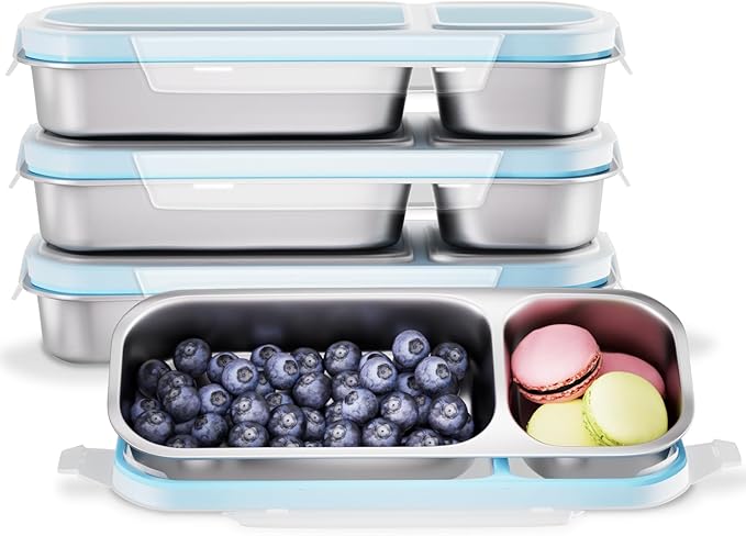 Stainless Steel Snack Containers for Kids Adults, 4 Pack 2 Compartment Metal Snack Containers Box with Lid, Reusable Food Storage Container, Leak Proof, Grab and Go