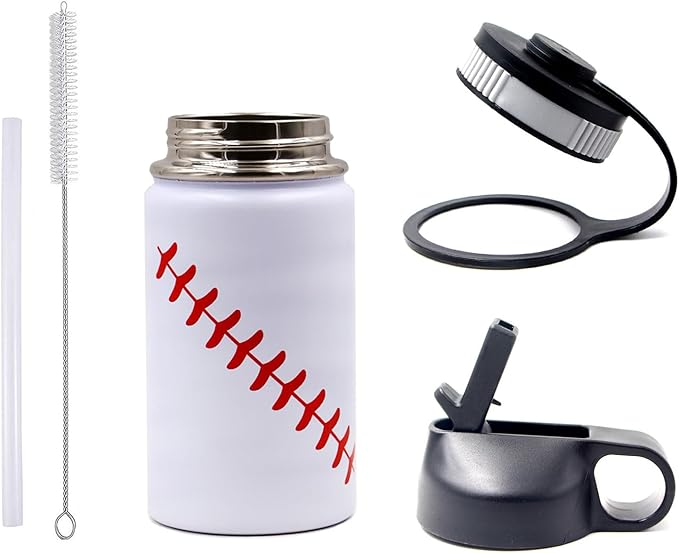 12 oz Baseball Water Bottle, Sports Flask Thermo Travel Tumbler with 2 Lids, Stainless Steel Double Wall Vacuum Leak Proof Insulated Water Bottles, Baseball Accessories Gifts for Boys 8-12 Player