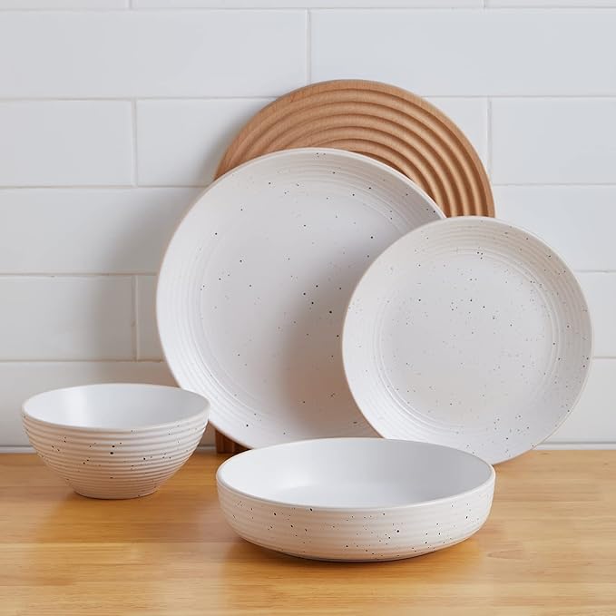 Stone Lain Lauren Stoneware, Rustic Plates and Bowls Set, Dinnerware, Service for 4, Speckled Off White, Dishwasher & Microwave Safe, 16-Piece