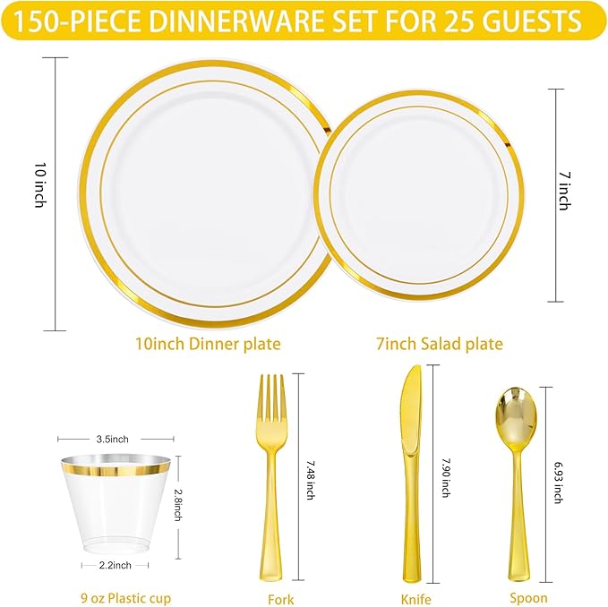 150 PCS Gold Disposable Dinnerware Set for 25 Guests, Gold and White Plastic Plates for Party, 25 Dinner & Salad Plates, 25 Cups, 25 Forks Knives Spoons for Wedding and Party Supplies
