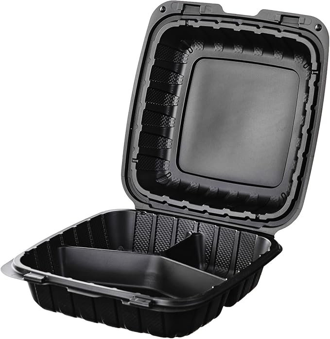 CIAO! 8"x8"X3" MFPP Black Hinged Container With Lid 3 Compartment (Case of 200)