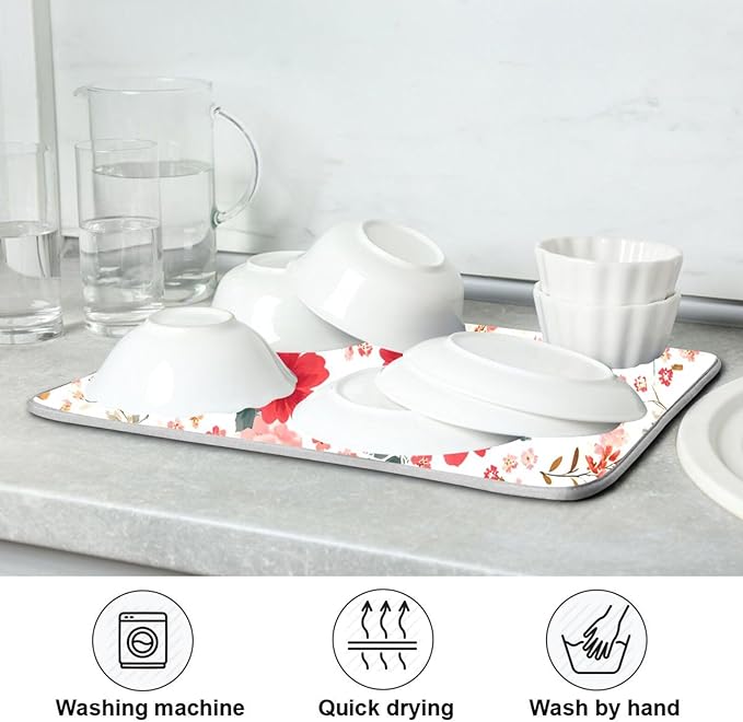 Spring Floral Colorful Flowers Dish Drying Mat for Kitchen Counter Absorbent Dish Drainer Mats Drying Pads 16"x18"
