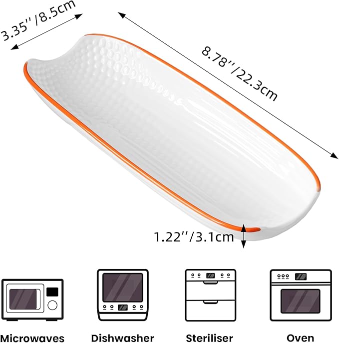 Cinf Colorful Side Ceramic Corn Cob Holders 8.8" Corn Dishes Set of 4, White Dishes Non-slip Bottom Microwave Dishwasher Oven Safe