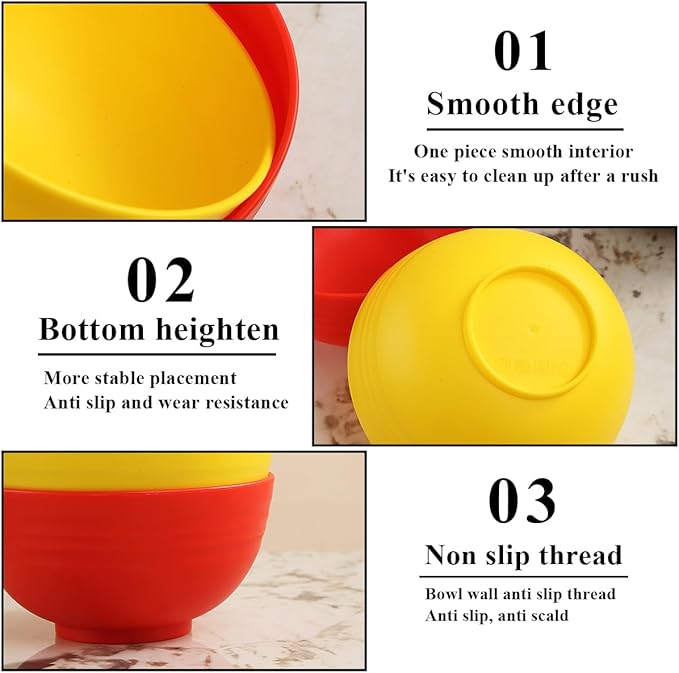 Berglander Plastic Bowls Set of 12 Pieces 25oz, DE Color Reusable and Sturdy Ramen Bowl, Soup Bowls, Cereal Bowl for Adult, Kids, Home, Restaurant, Garden, Picnic, Camping, Poolside, Outdoor