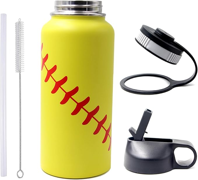 32 oz Softball Water Bottle, Wide Mouth Metal Thermo Travel Tumbler Sports Flask with 2 Lids, Stainless Steel Double Wall Vacuum Insulated Water Bottles, Softball Stuff Gifts for Mom Men Boys Girls