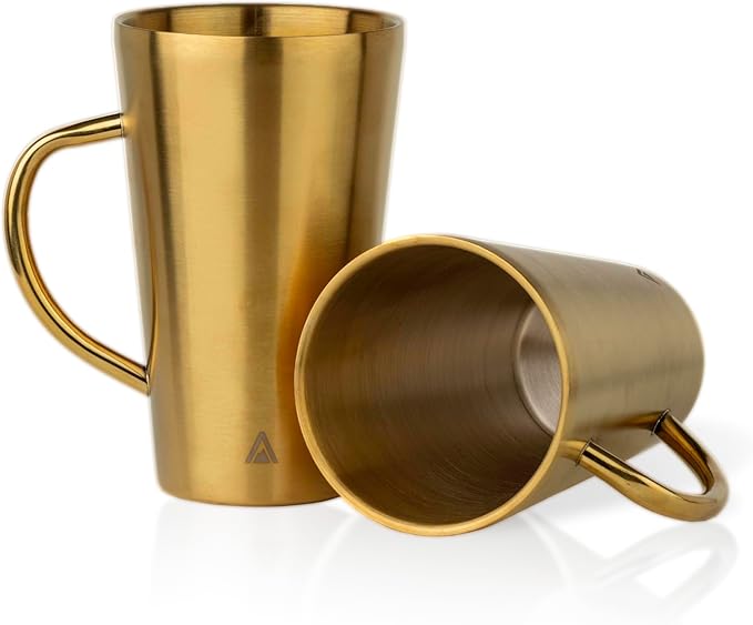 BigBak Stainless Steel Coffee Mugs with Handle – Set of 2, 15 oz Gold – Insulated Metal Cups, Double Wall, BPA-Free, Unbreakable, Dishwasher Safe