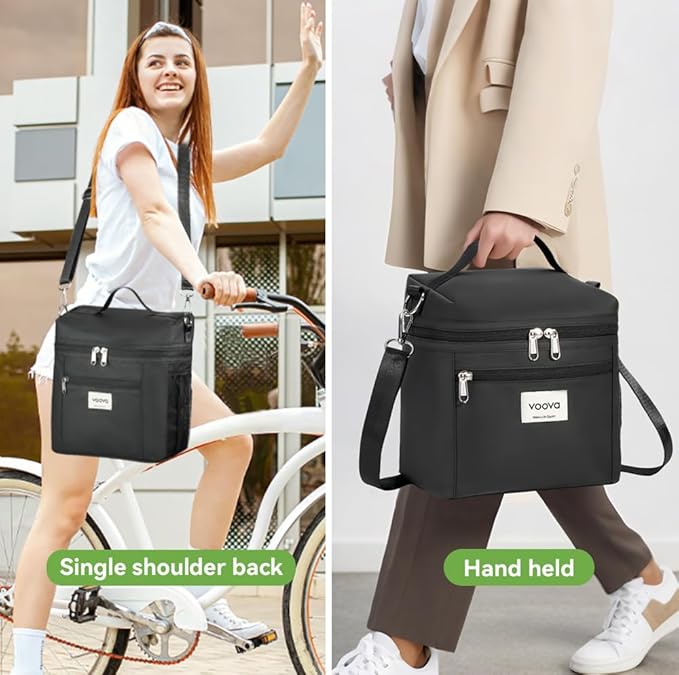 Voova Stackable Stainless Steel Thermal Lunch Box with Lunch Bag for Women Men Adult, 2 Tier Leakproof & Microwave Safe Insulated Bento Boxes Food Container for Work School, Black